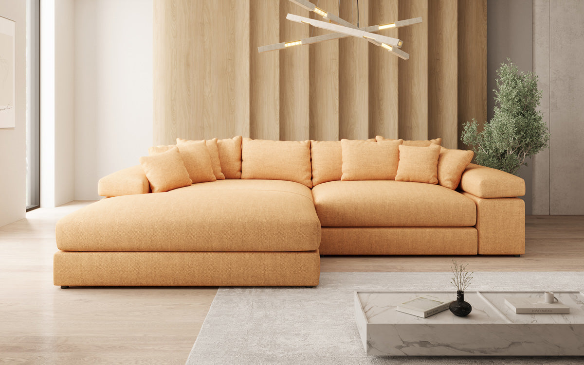 Designer corner sofa Bernardo with wide ottoman in linen look
