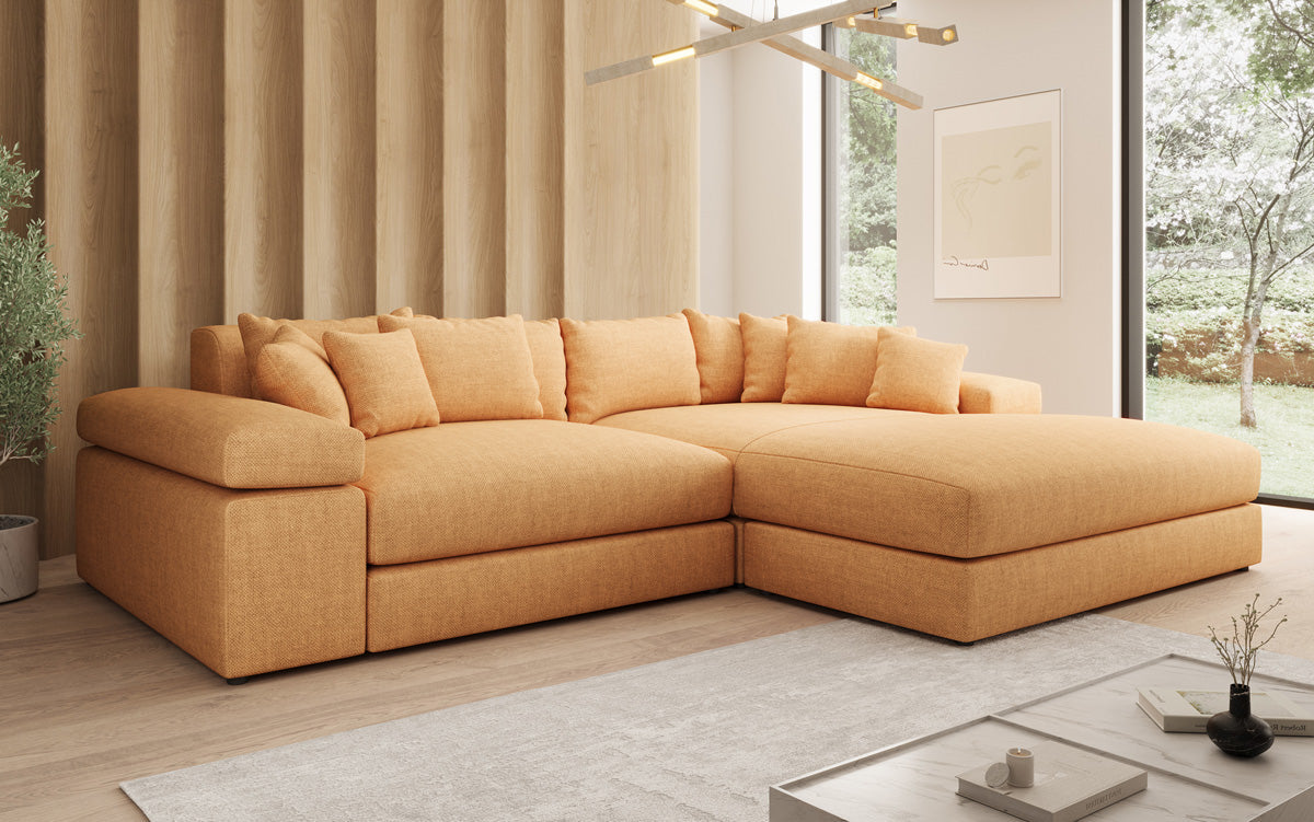 Designer corner sofa Bernardo with wide ottoman in linen look
