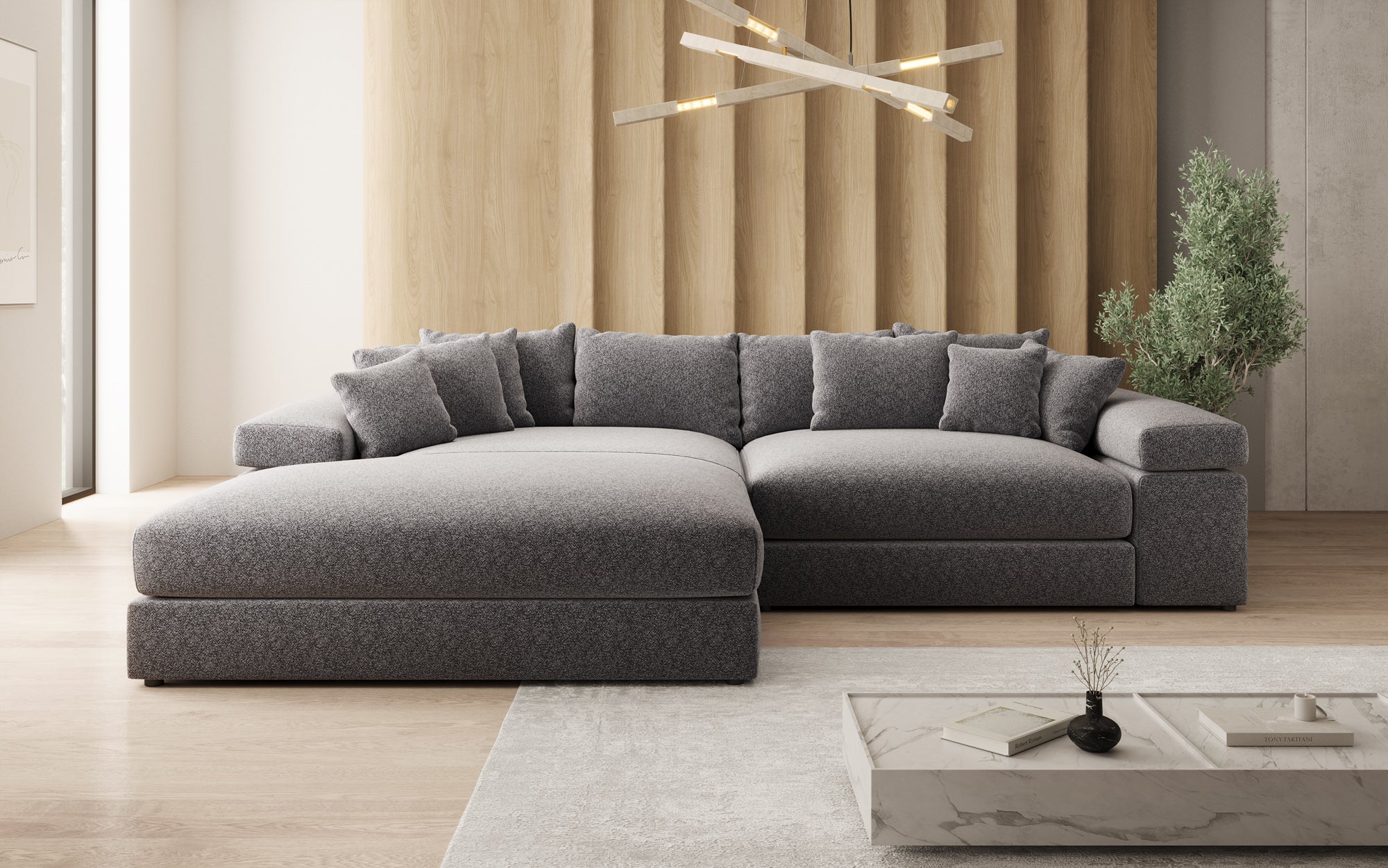 Designer Sofa Bernardo with Wide Ottoman in Textured Fabric