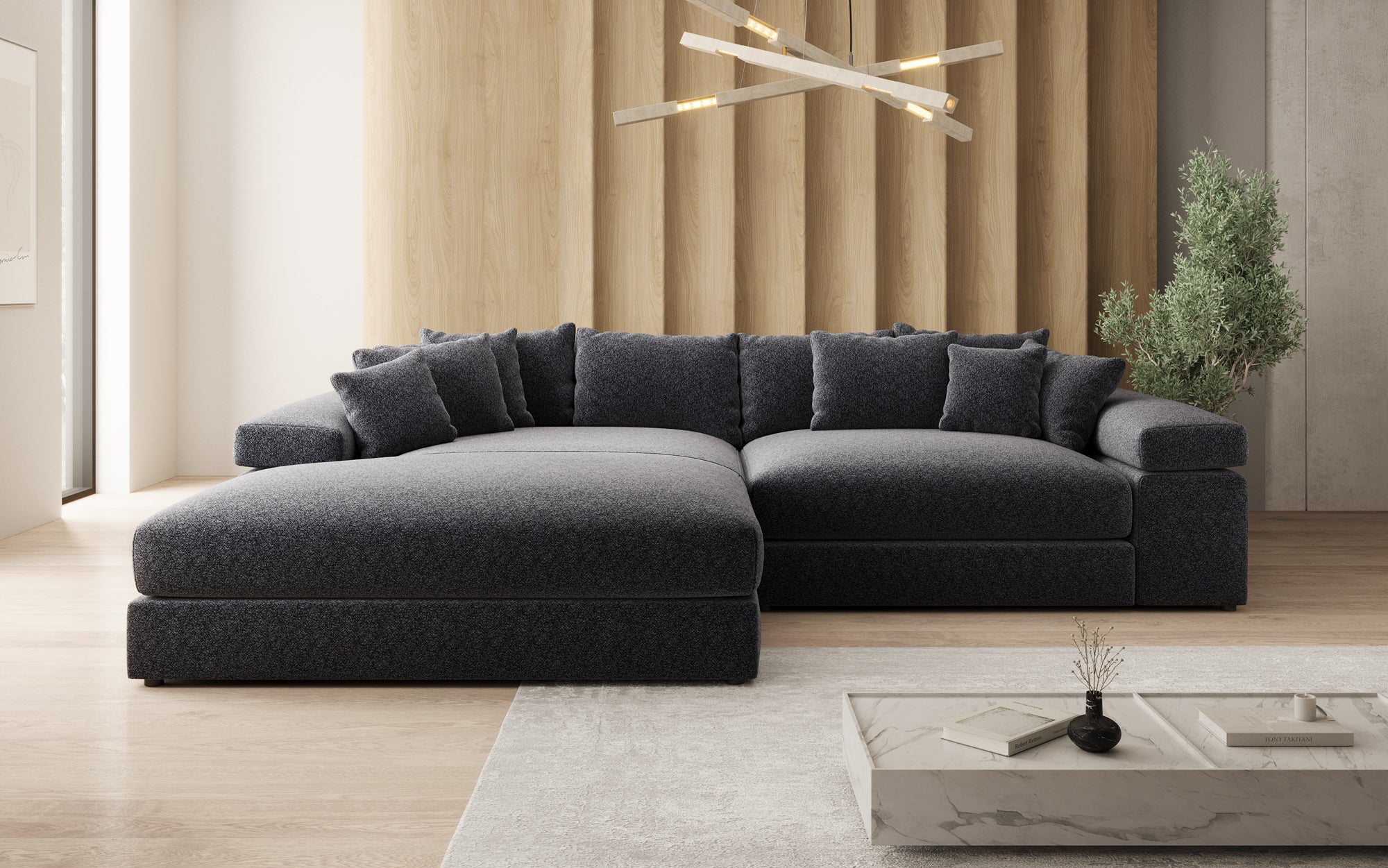Designer Sofa Bernardo with Wide Ottoman in Textured Fabric