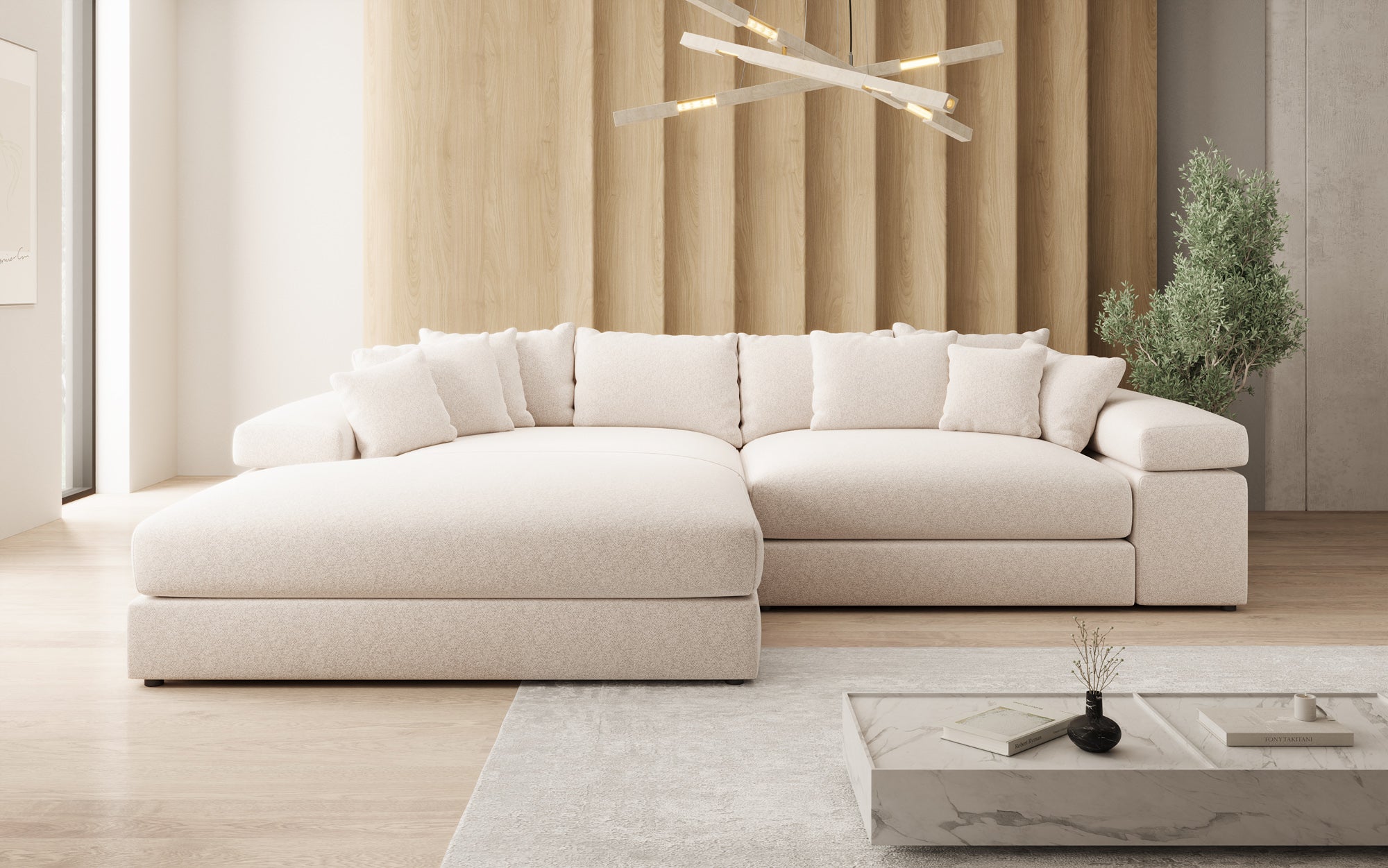 Designer Sofa Bernardo with Wide Ottoman in Textured Fabric