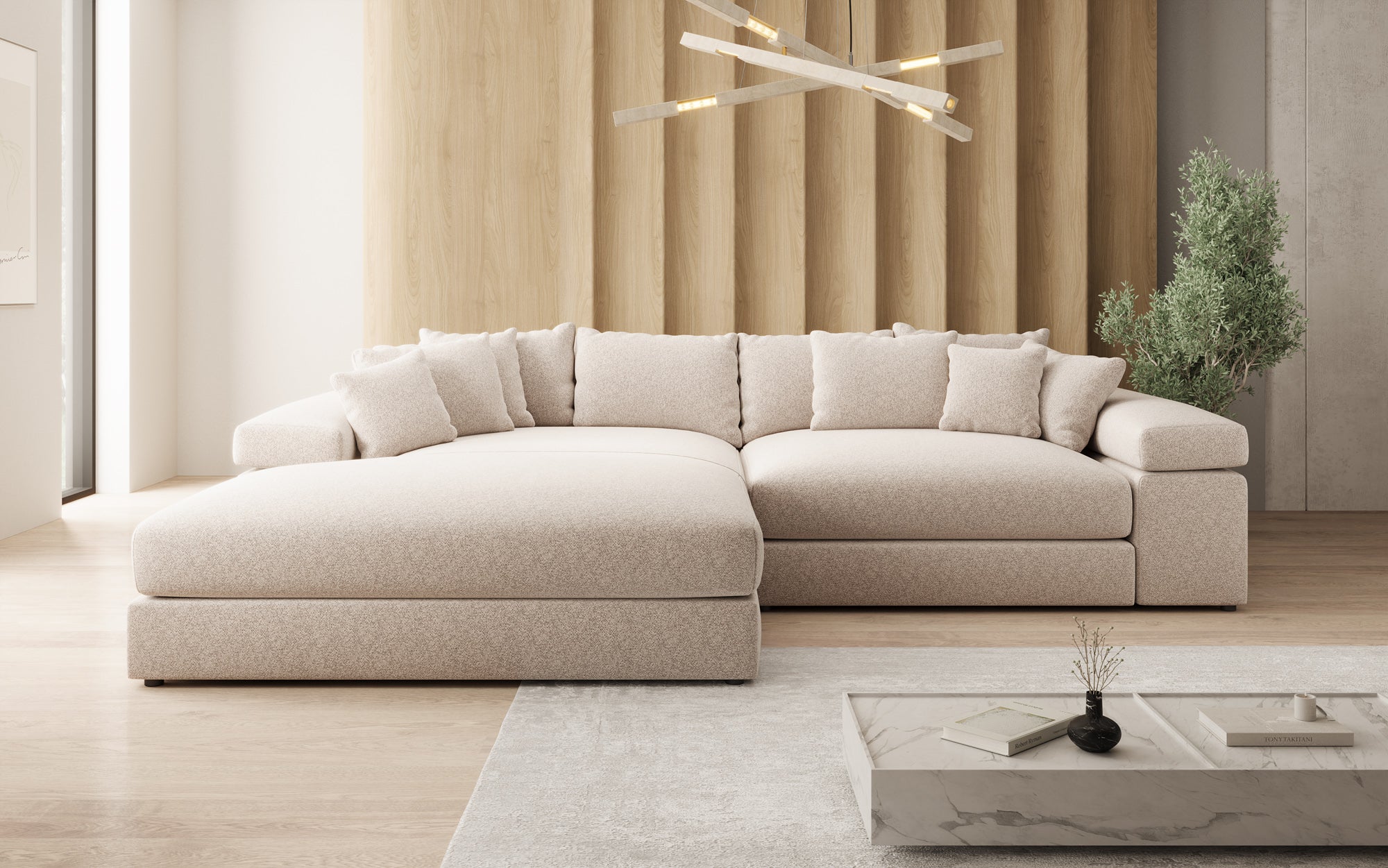 Designer Sofa Bernardo with Wide Ottoman in Textured Fabric