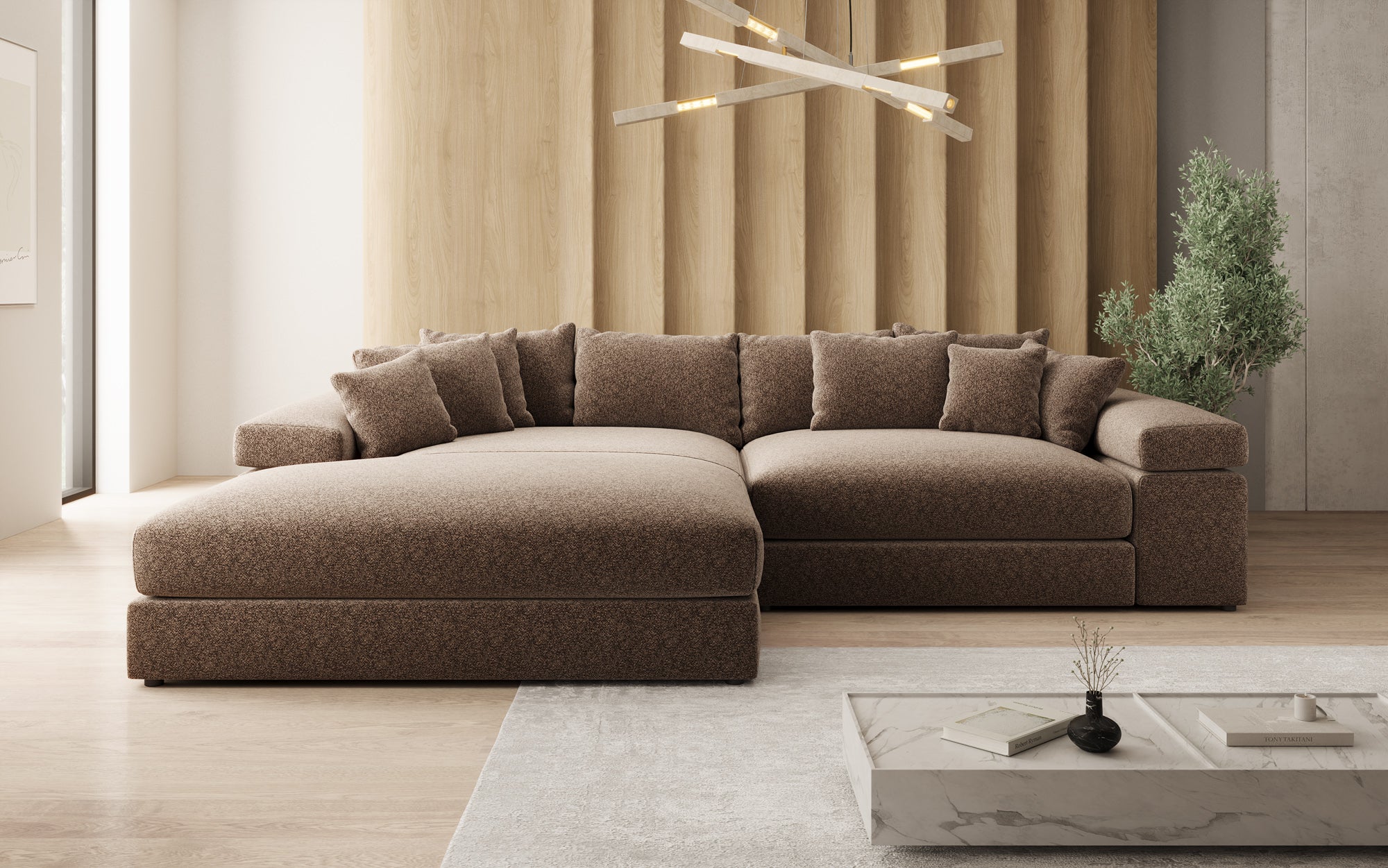 Designer Sofa Bernardo with Wide Ottoman in Textured Fabric