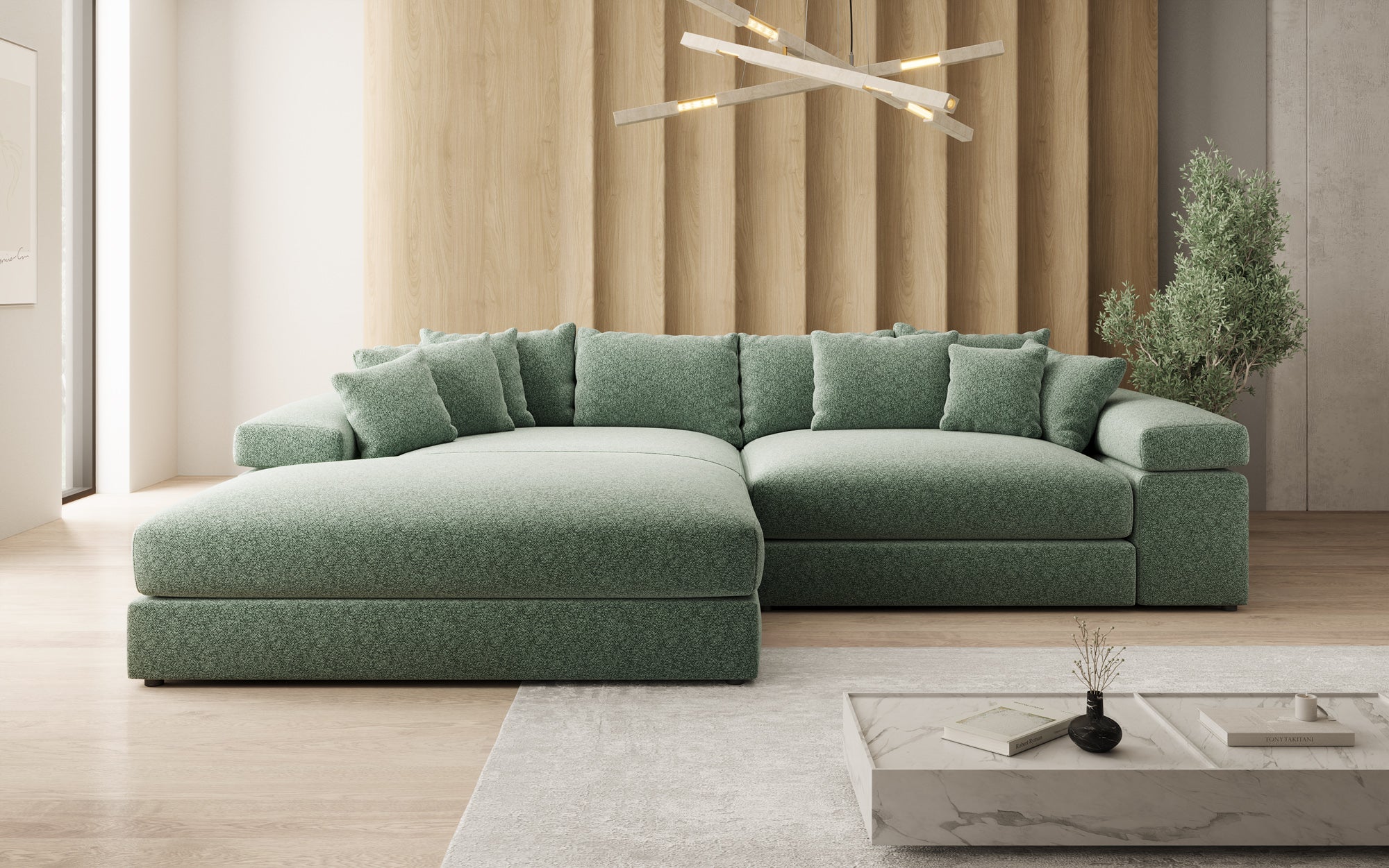 Designer Sofa Bernardo with Wide Ottoman in Textured Fabric