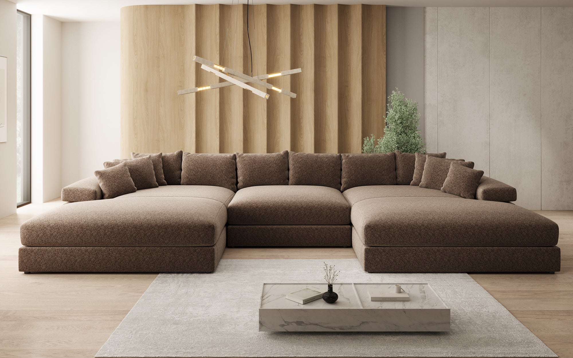 Designer Sofa Bernardo U with Wide Ottoman in Textured Fabric