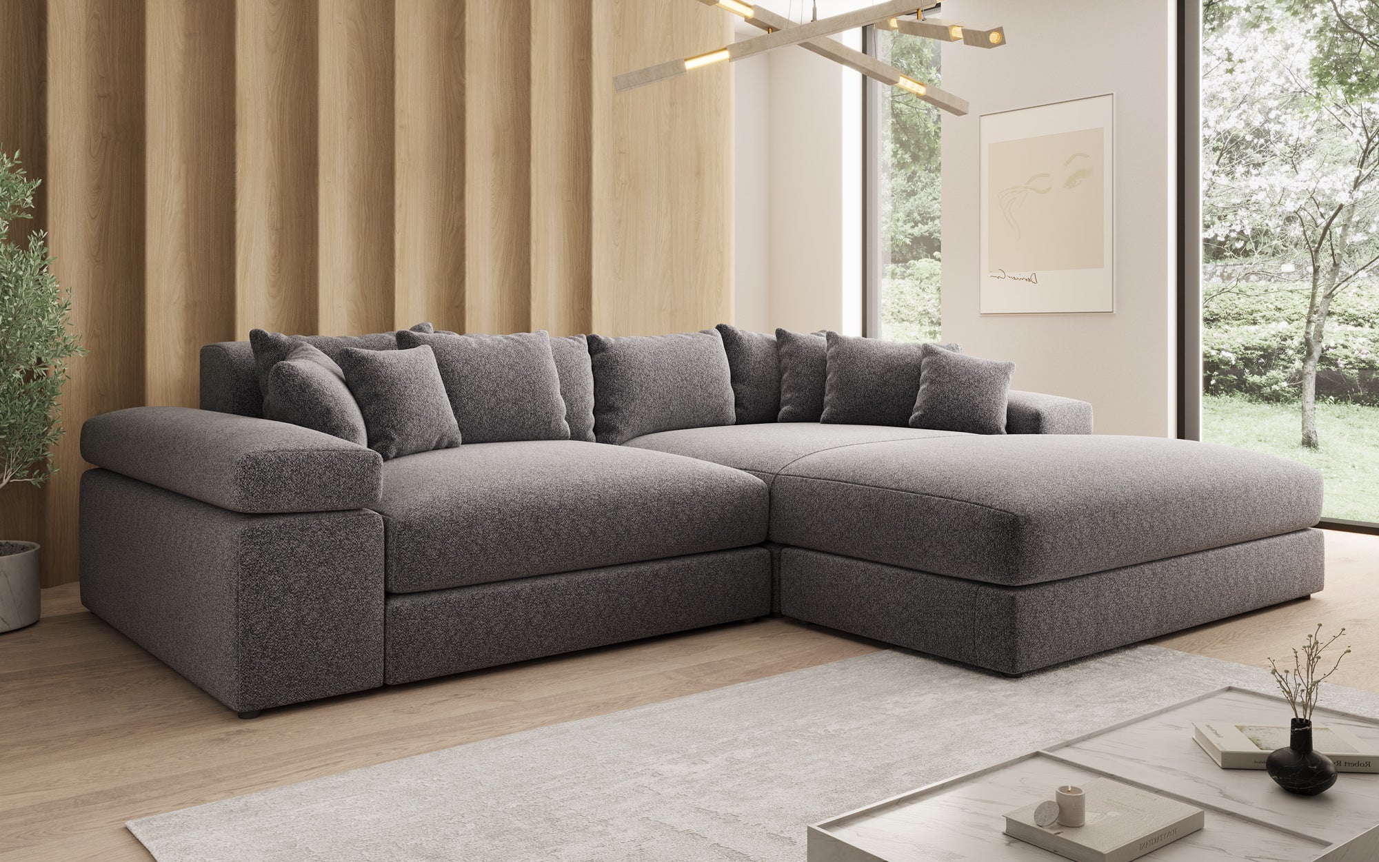 Designer Sofa Bernardo with Wide Ottoman in Textured Fabric