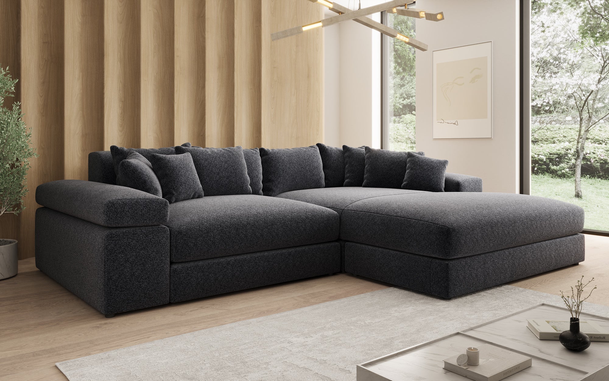 Designer Sofa Bernardo with Wide Ottoman in Textured Fabric