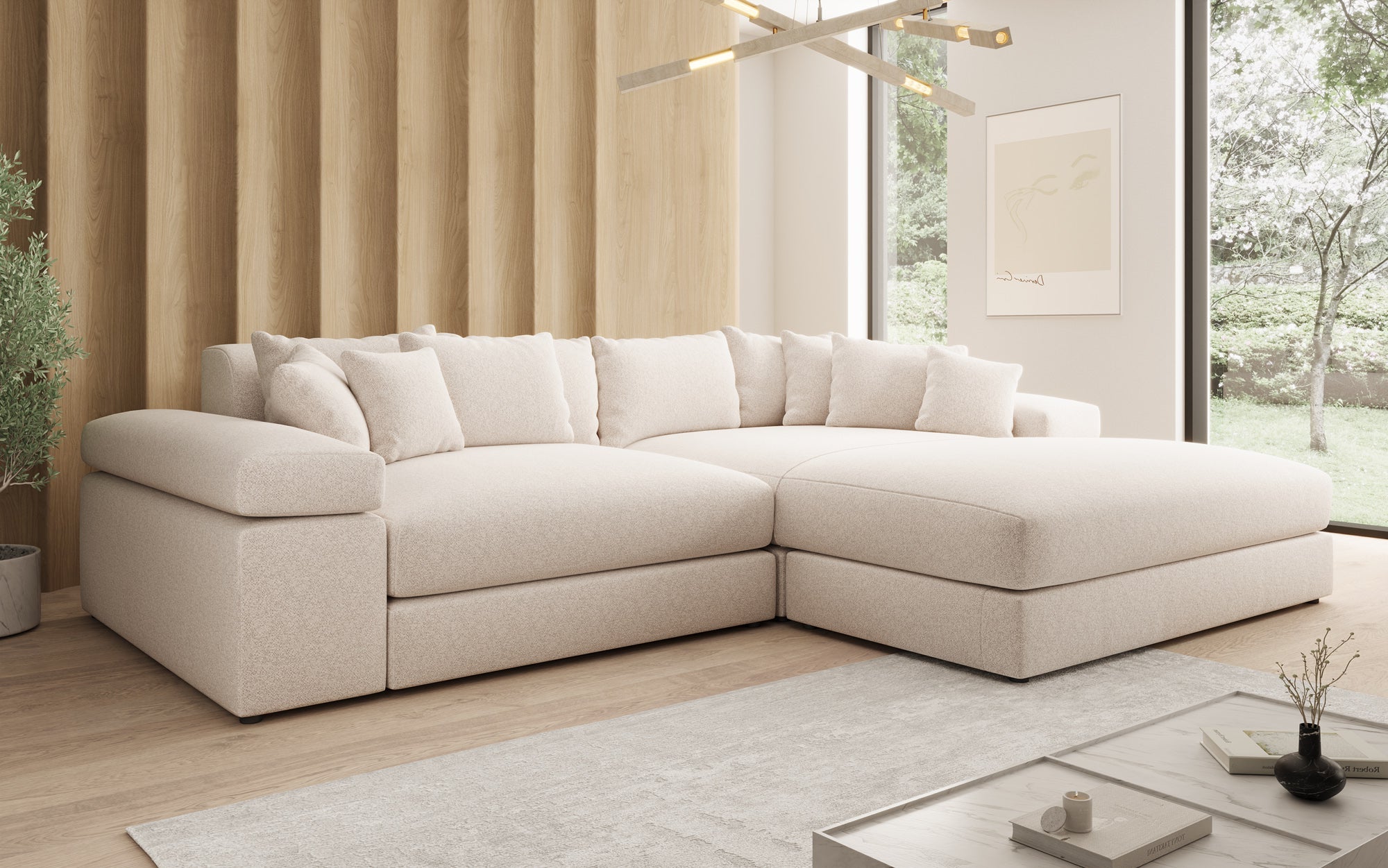 Designer Sofa Bernardo with Wide Ottoman in Textured Fabric