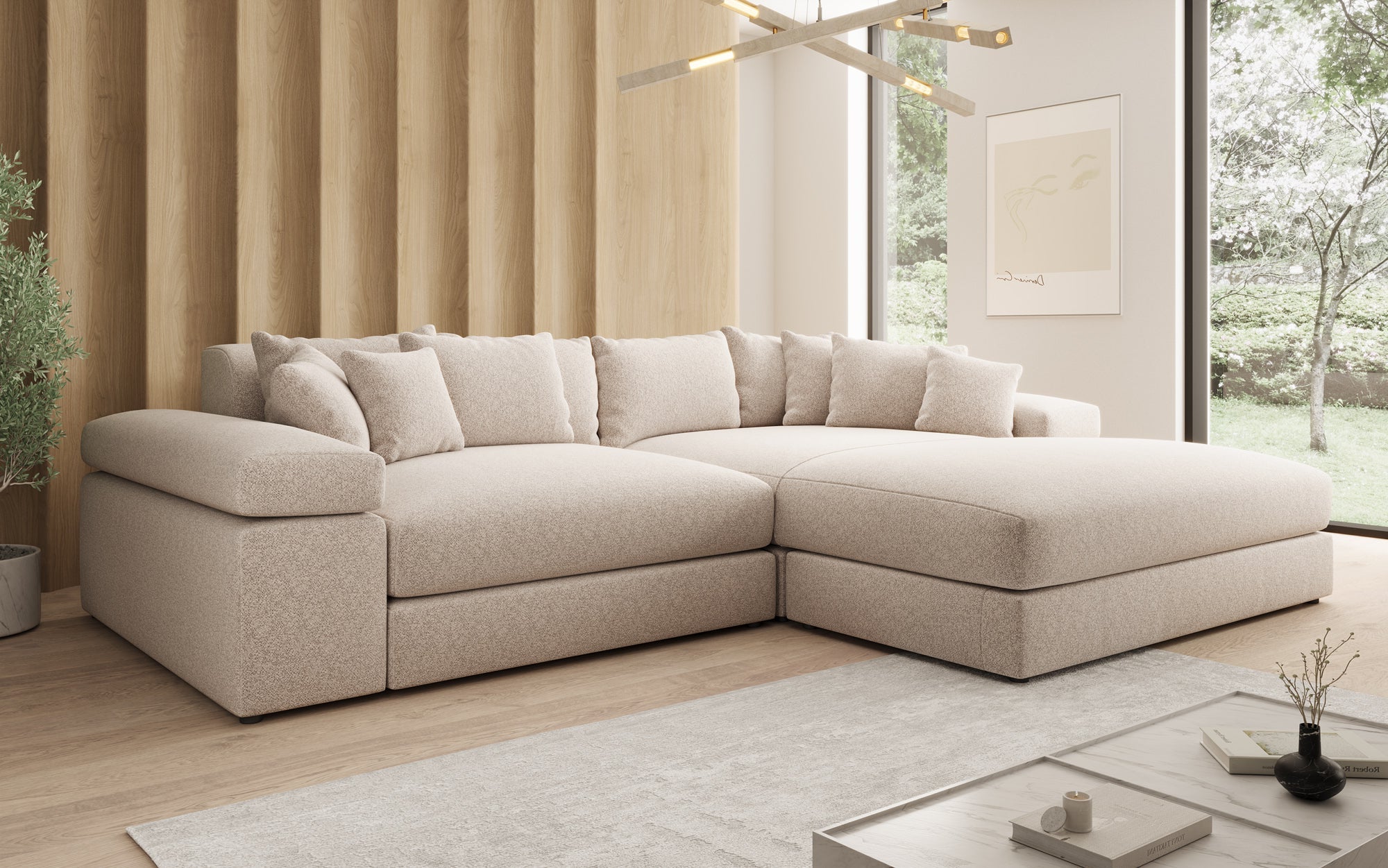 Designer Sofa Bernardo with Wide Ottoman in Textured Fabric