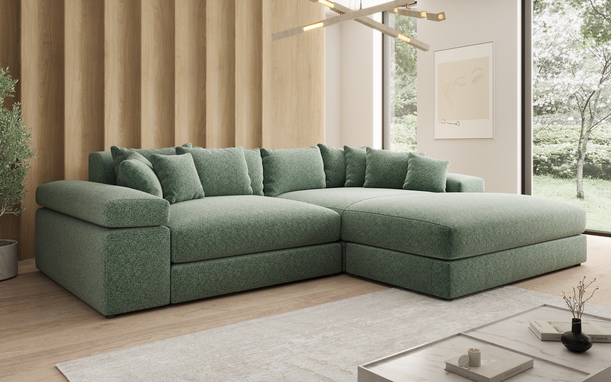 Designer Sofa Bernardo with Wide Ottoman in Textured Fabric