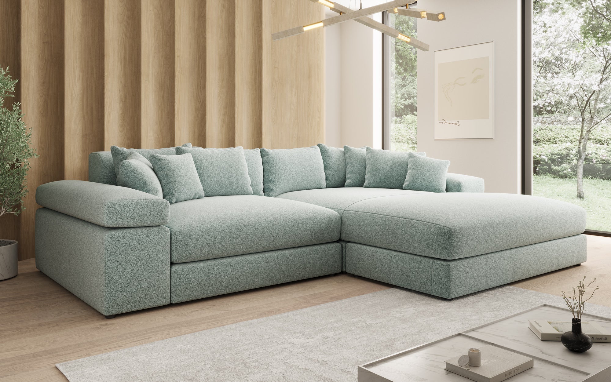 Designer Sofa Bernardo with Wide Ottoman in Textured Fabric
