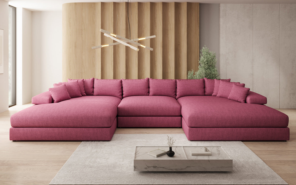 Designer sofa Bernardo U with wide ottoman in linen look