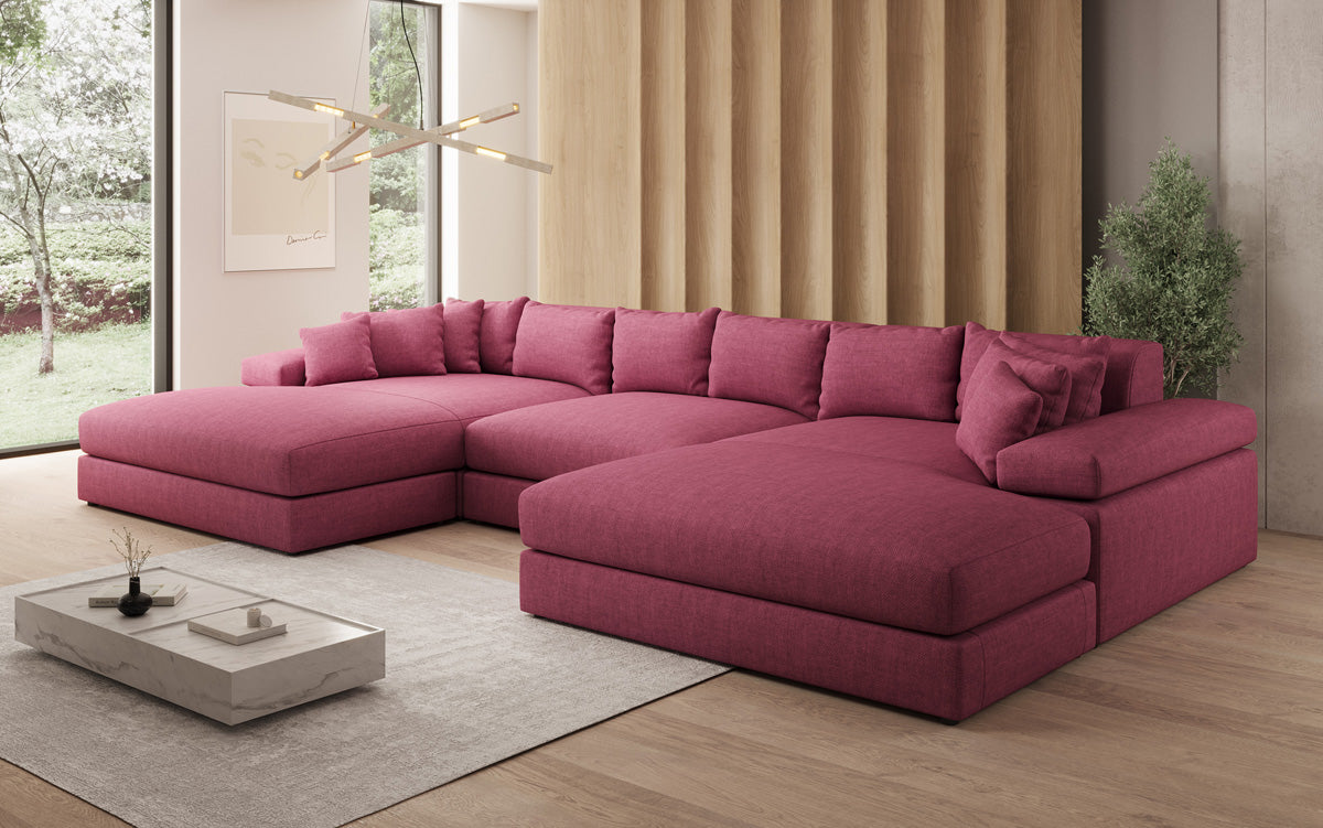 Designer sofa Bernardo U with wide ottoman in linen look