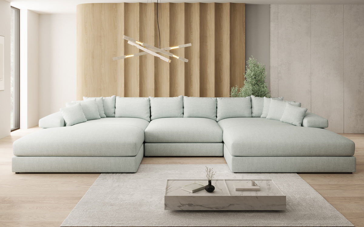 Designer sofa Bernardo U with wide ottoman in linen look