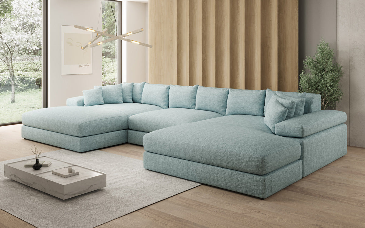 Designer sofa Bernardo U with wide ottoman in linen look