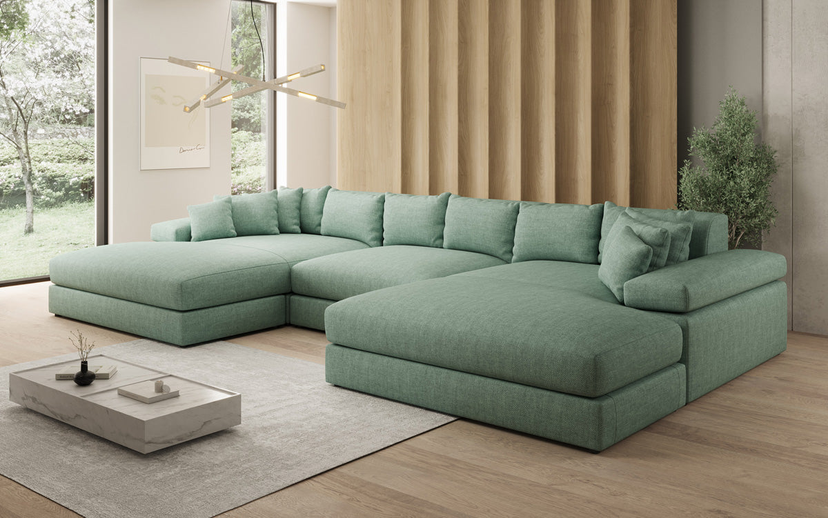 Designer sofa Bernardo U with wide ottoman in linen look