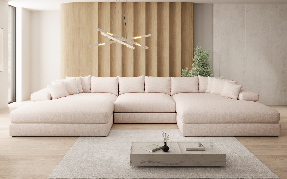 Designer sofa Bernardo U with wide ottoman in linen look