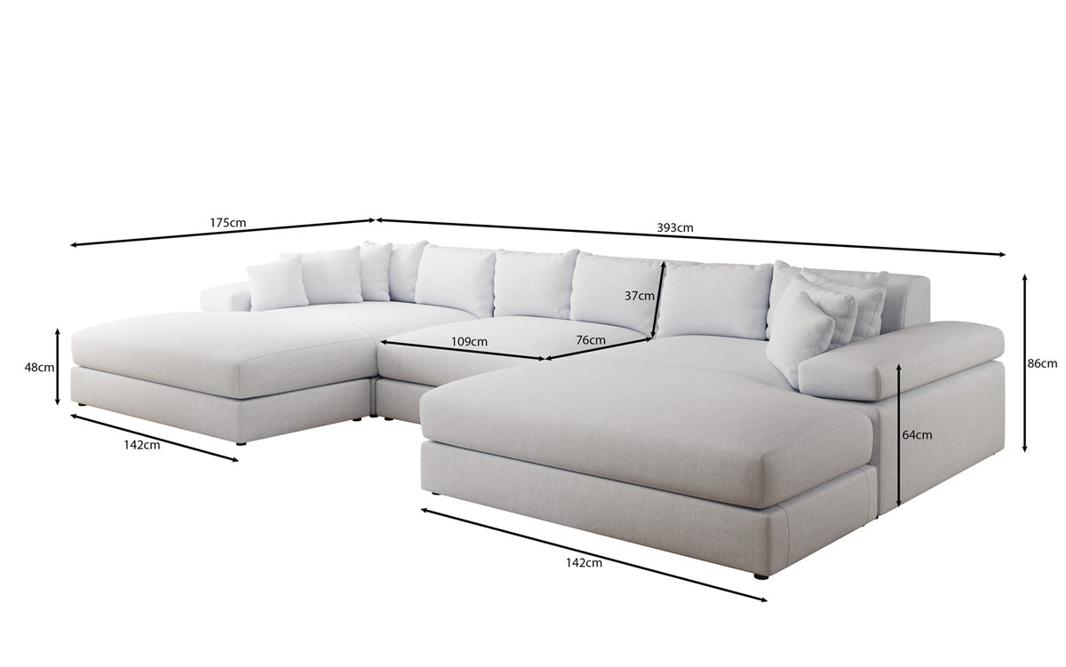 Designer sofa Bernardo U with wide ottoman in linen look