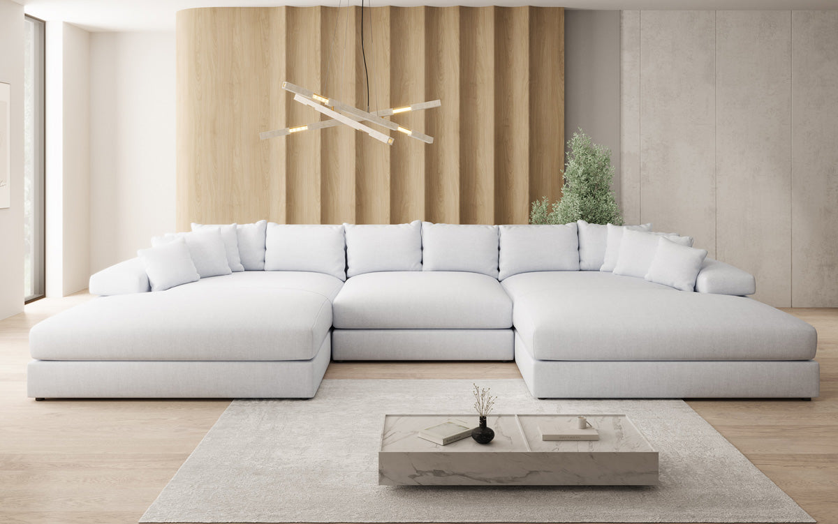 Designer sofa Bernardo U with wide ottoman in linen look