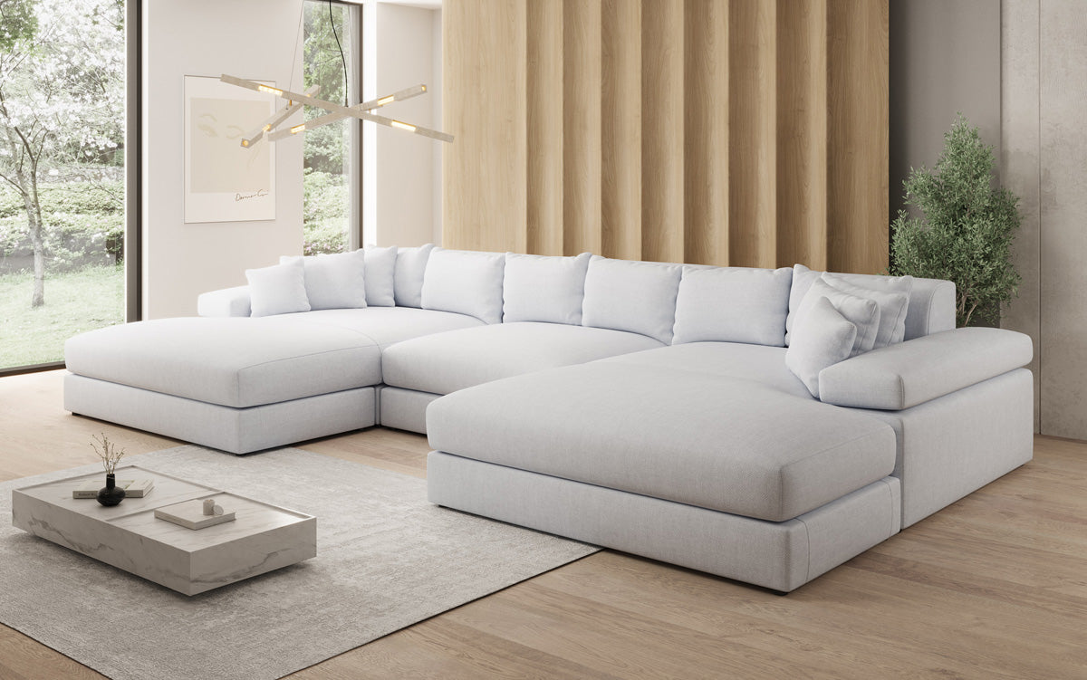 Designer sofa Bernardo U with wide ottoman in linen look