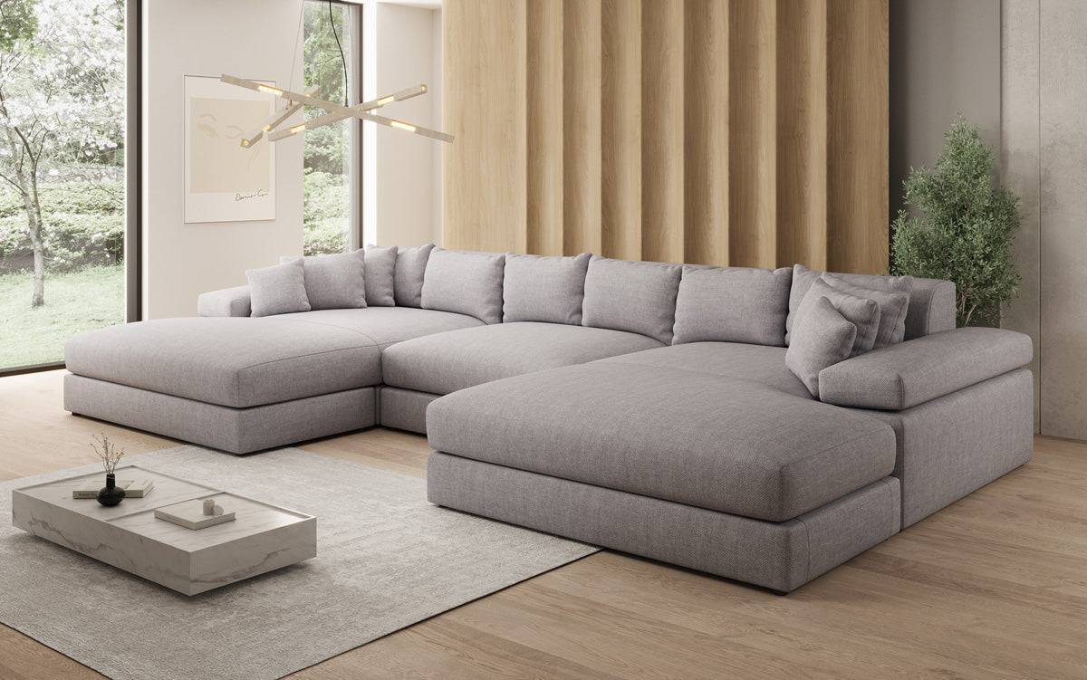 Designer sofa Bernardo U with wide ottoman in linen look
