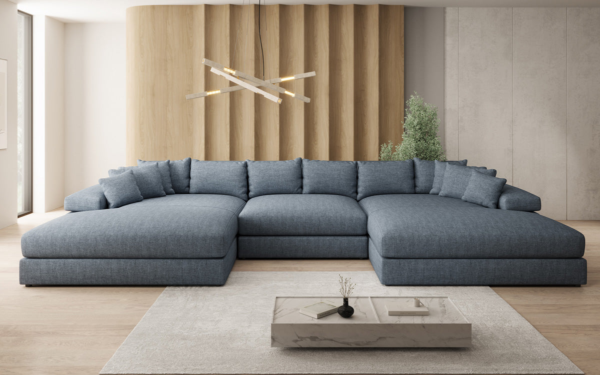 Designer sofa Bernardo U with wide ottoman in linen look