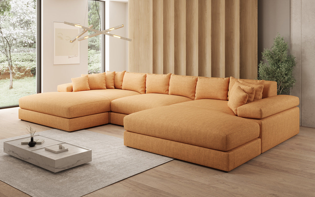 Designer sofa Bernardo U with wide ottoman in linen look