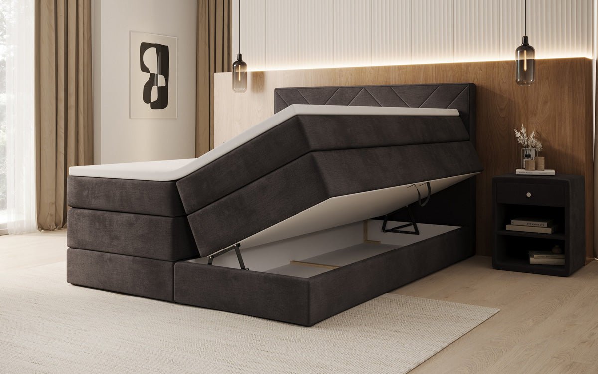 Box spring bed Norella with storage in velvet