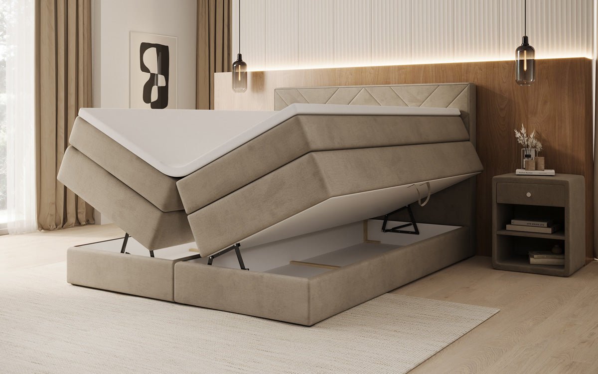 Box spring bed Norella with storage in velvet