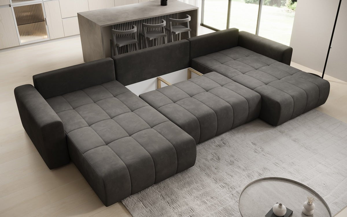 Designer Sofa Leveno U mit Schlaf- und Klappfunktion in Samt