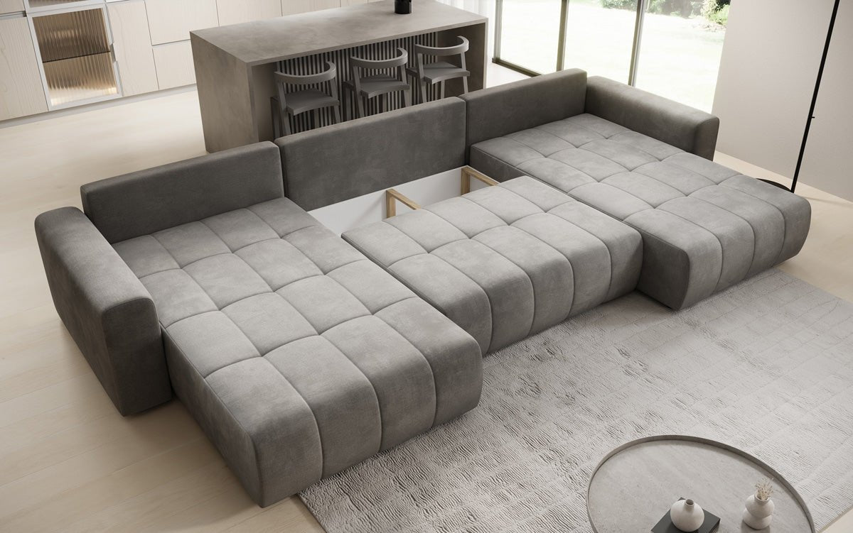 Designer Sofa Leveno U mit Schlaf- und Klappfunktion in Samt