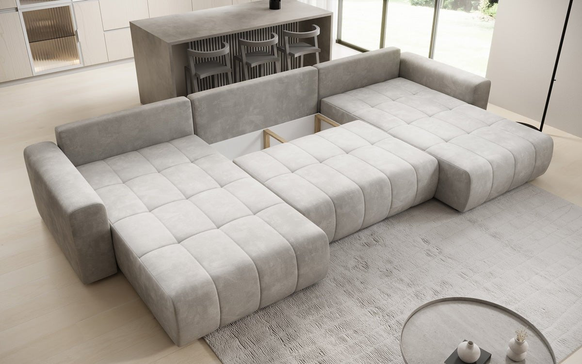 Designer Sofa Leveno U mit Schlaf- und Klappfunktion in Samt