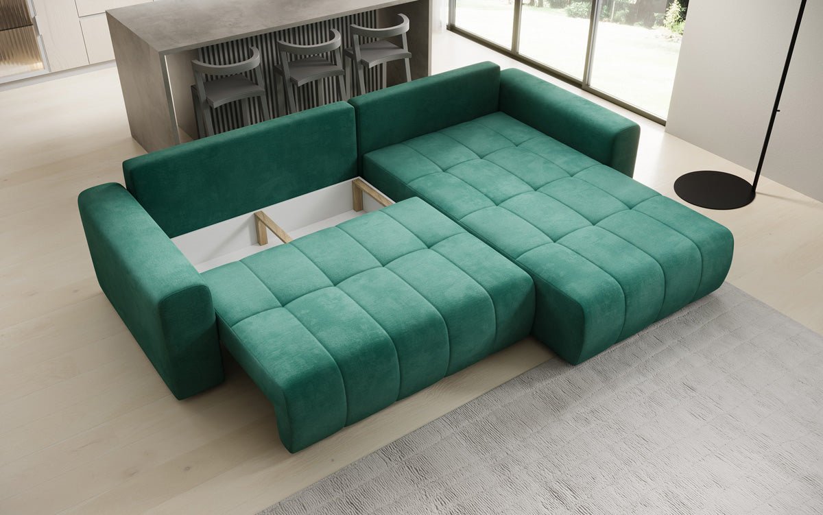 Designer Sofa Leveno L mit Schlaf- und Klappfunktion in Samt