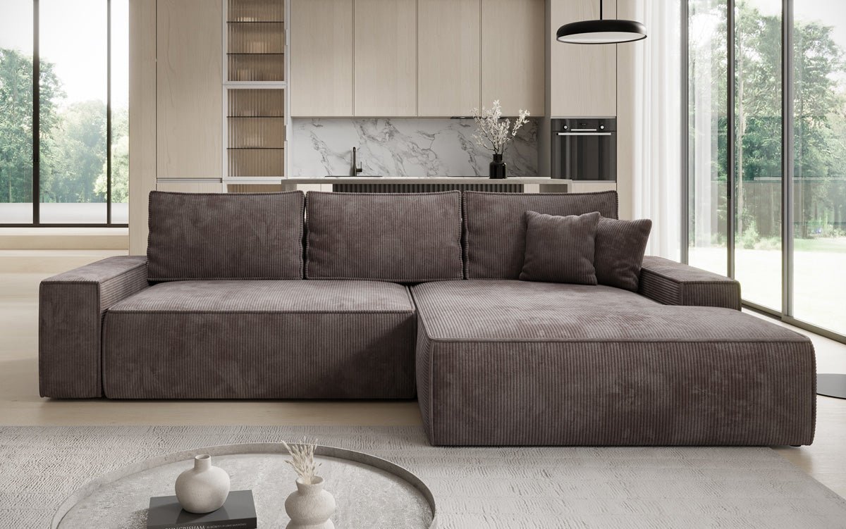 Designer Sofa Verona with wide ottoman, sleeper and folding function in Corduroy