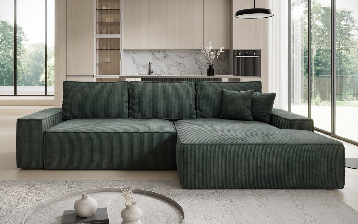 Designer Sofa Verona with wide ottoman, sleeper and folding function in Corduroy