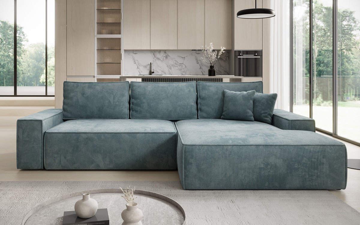 Designer Sofa Verona with wide ottoman, sleeper and folding function in Corduroy