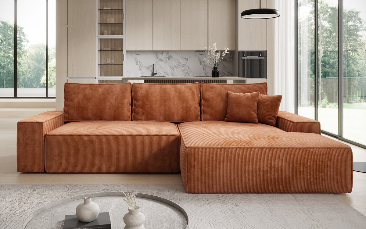 Designer Sofa Verona with wide ottoman, sleeper and folding function in Corduroy