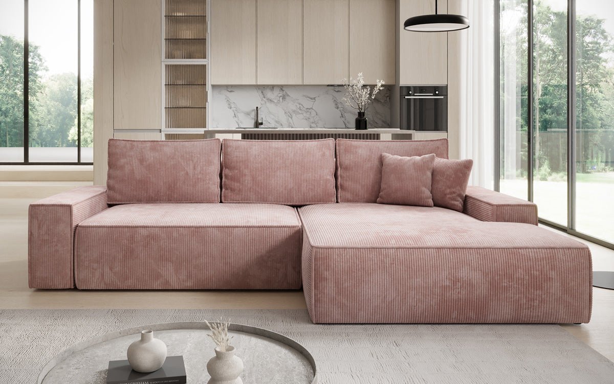 Designer Sofa Verona with wide ottoman, sleeper and folding function in Corduroy