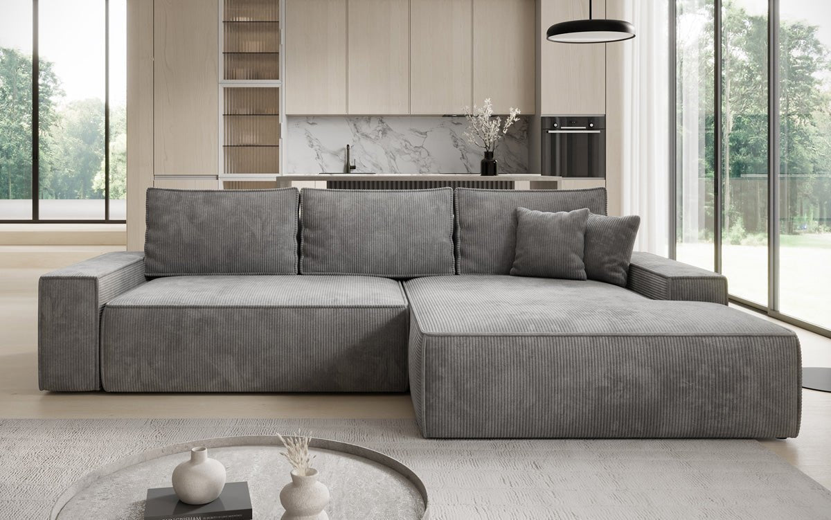 Designer Sofa Verona with wide ottoman, sleeper and folding function in Corduroy