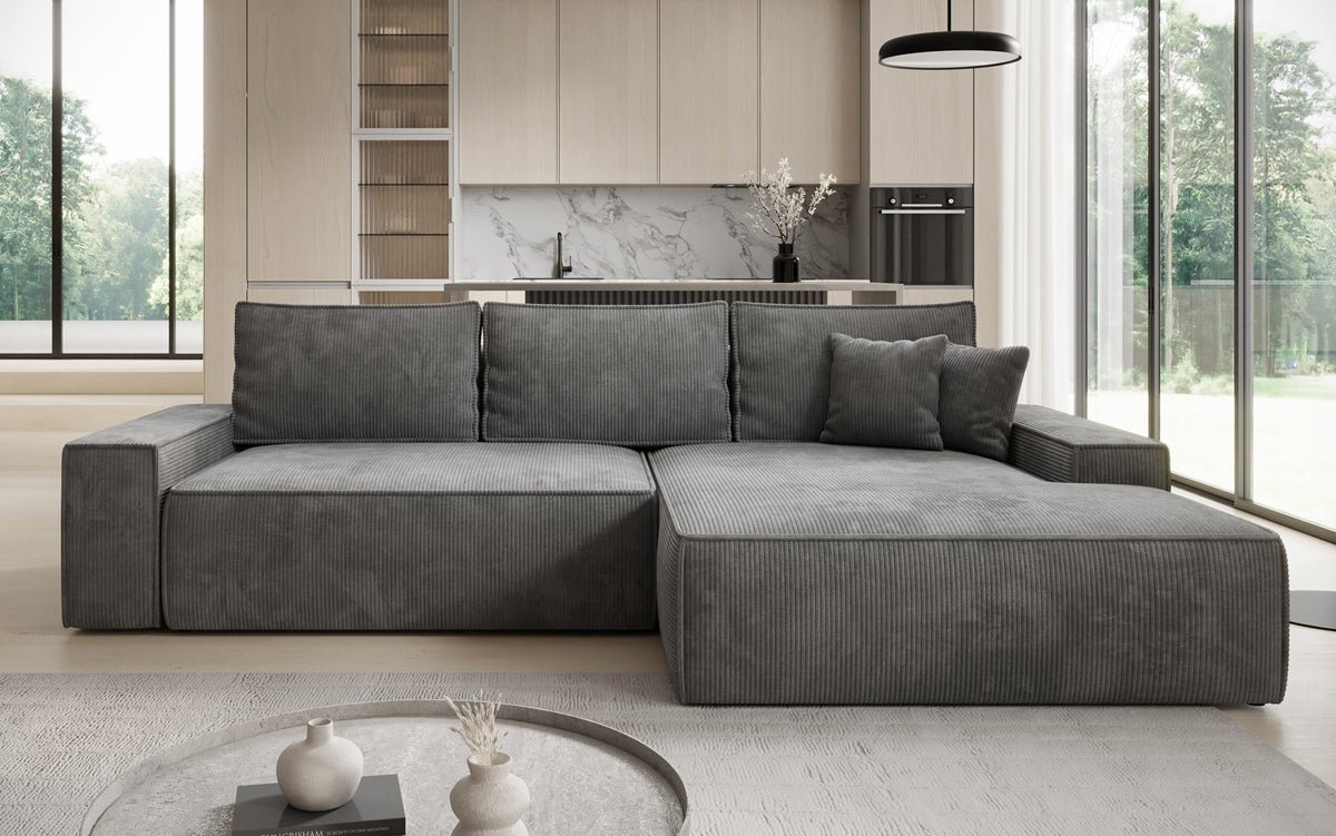 Designer Sofa Verona with wide ottoman, sleeper and folding function in Corduroy