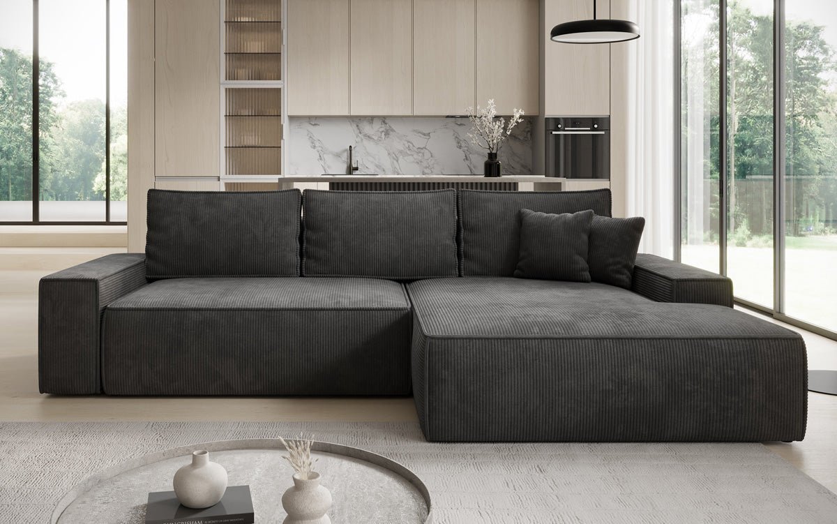 Designer Sofa Verona with wide ottoman, sleeper and folding function in Corduroy