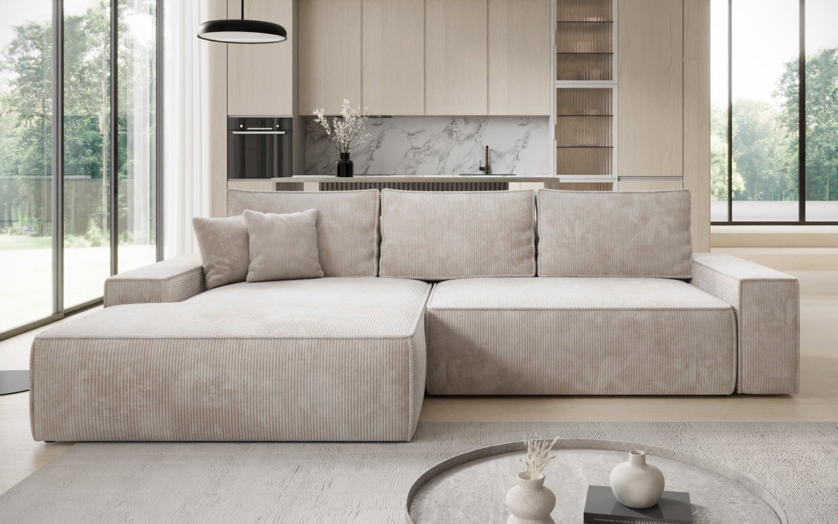 Designer Sofa Verona with wide ottoman, sleeper and folding function in Corduroy