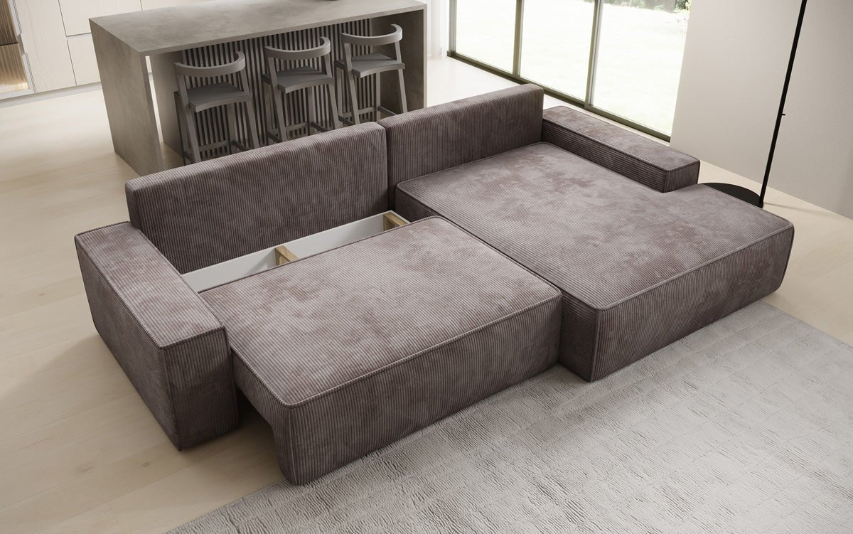 Designer Sofa Verona with wide ottoman, sleeper and folding function in Corduroy