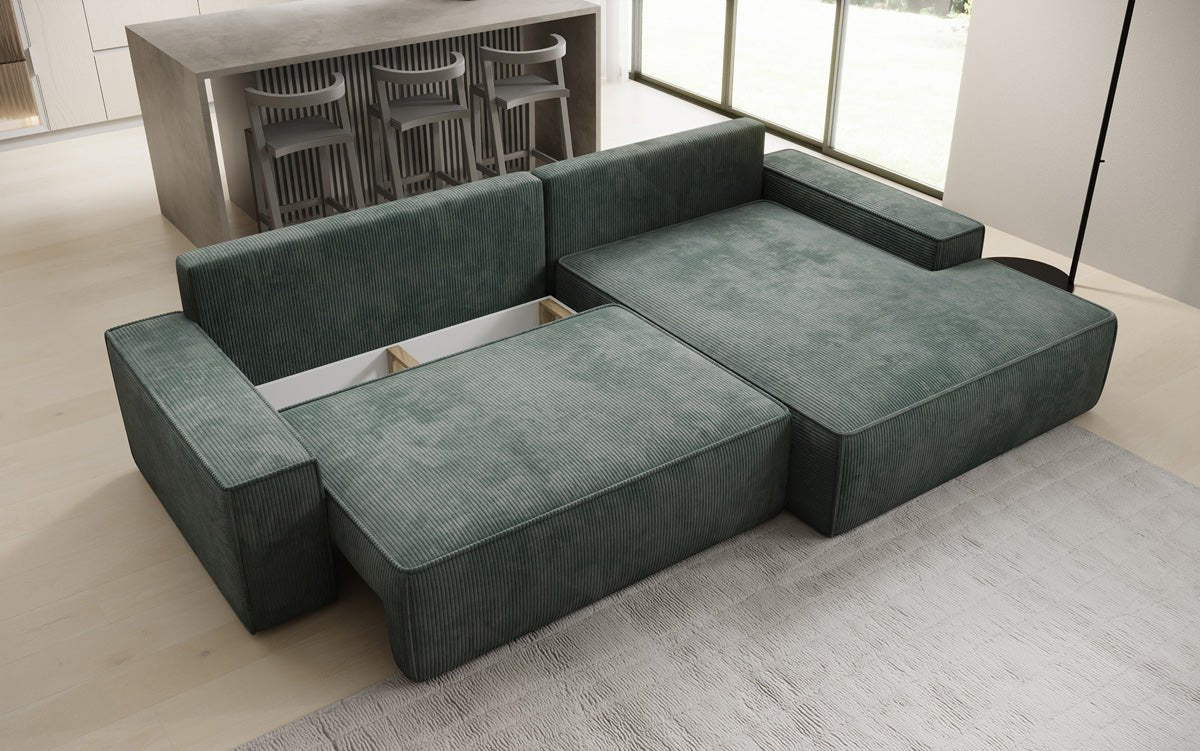 Designer Sofa Verona with wide ottoman, sleeper and folding function in Corduroy