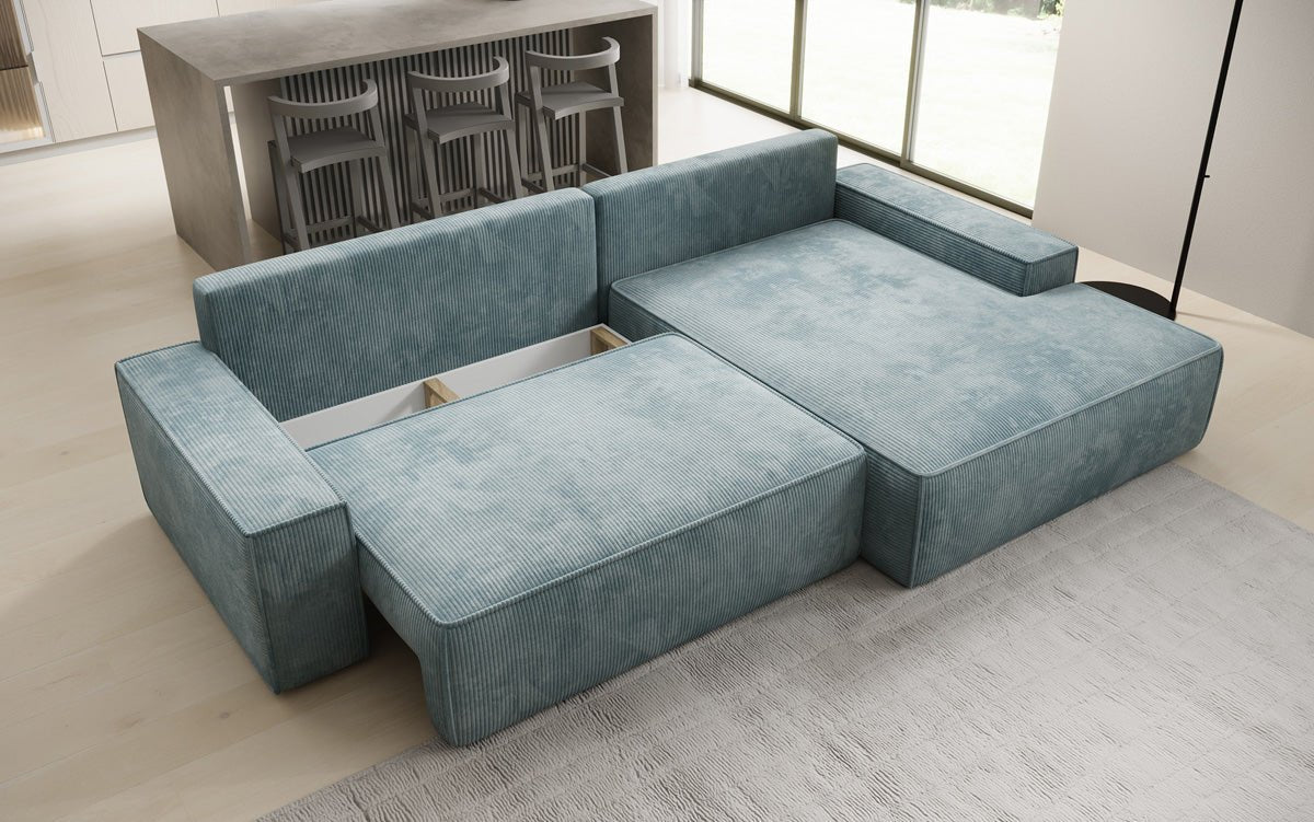 Designer Sofa Verona with wide ottoman, sleeper and folding function in Corduroy