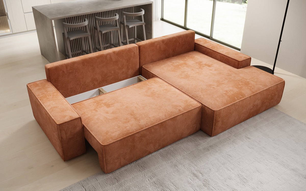 Designer Sofa Verona with wide ottoman, sleeper and folding function in Corduroy