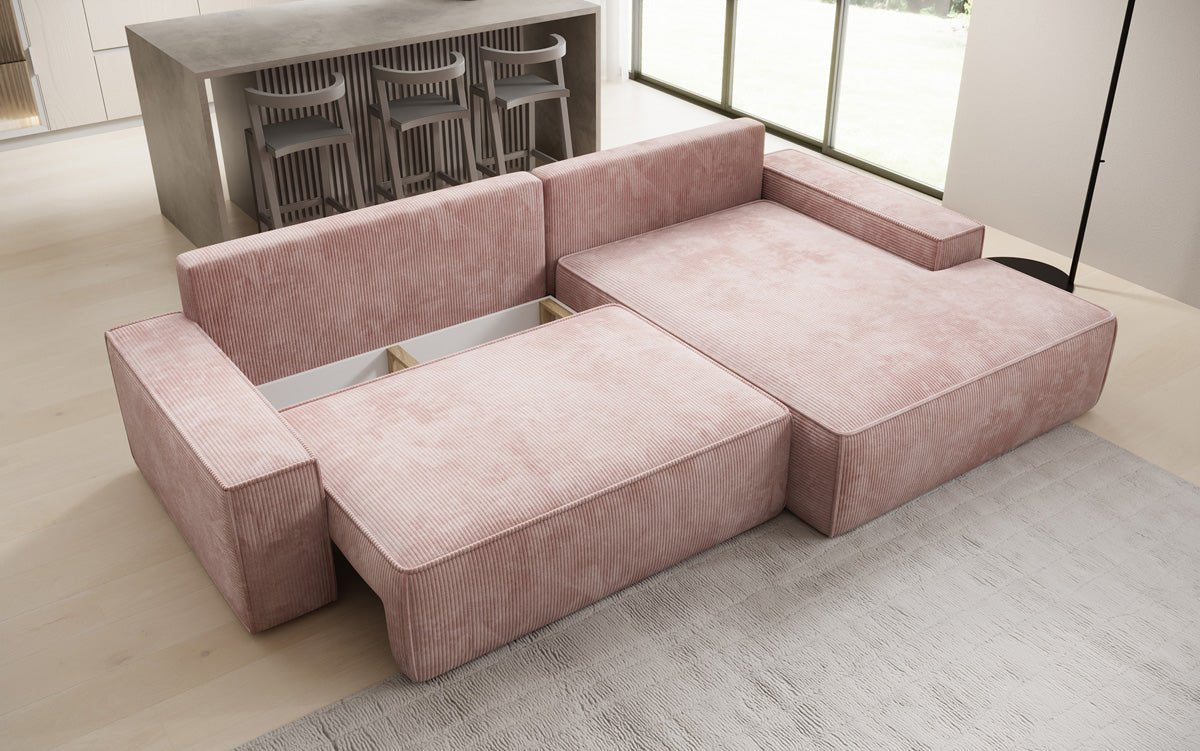 Designer Sofa Verona with wide ottoman, sleeper and folding function in Corduroy