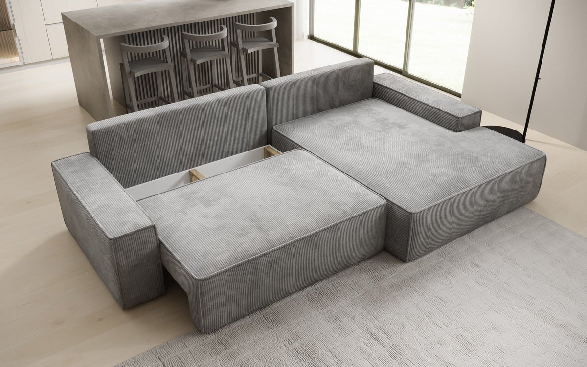 Designer Sofa Verona with wide ottoman, sleeper and folding function in Corduroy