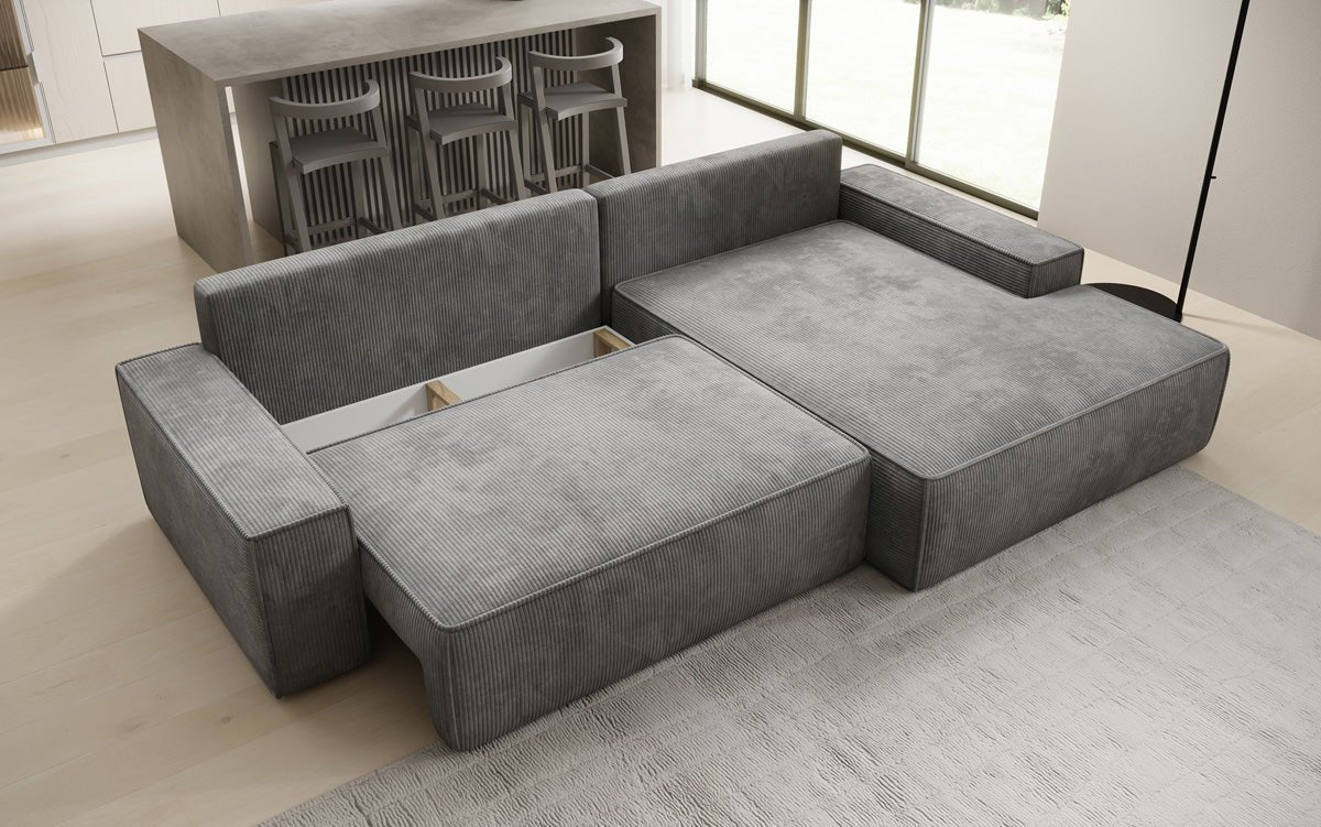 Designer Sofa Verona with wide ottoman, sleeper and folding function in Corduroy