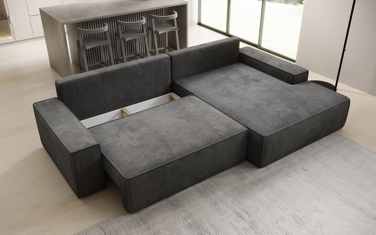 Designer Sofa Verona with wide ottoman, sleeper and folding function in Corduroy